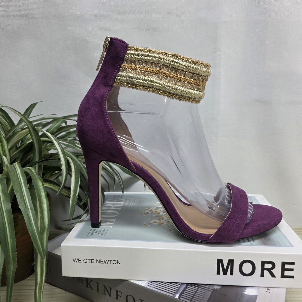 Call It Spring Purple Suede High Heel Sandal with Gold Ankle Trim